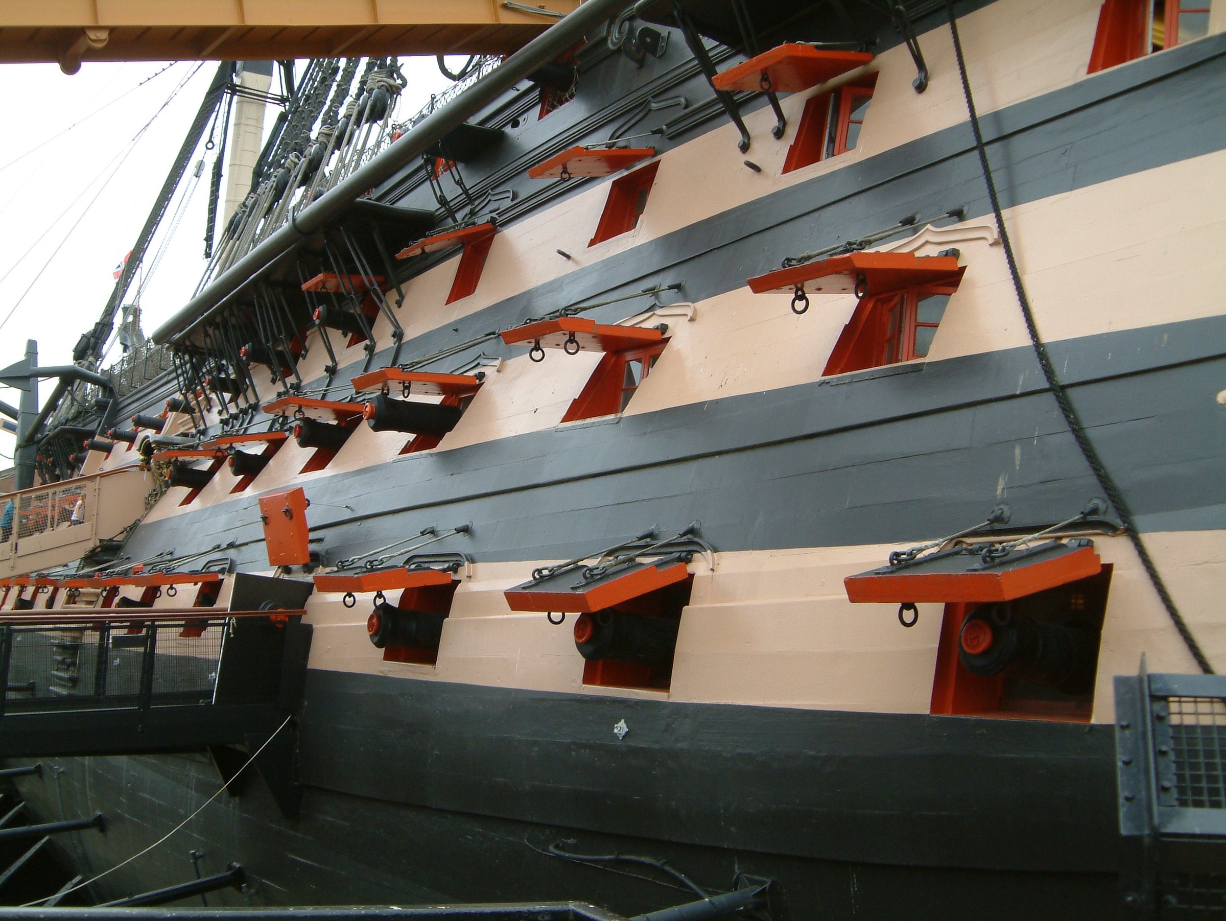 A row of gunports along the side of HMS Victory