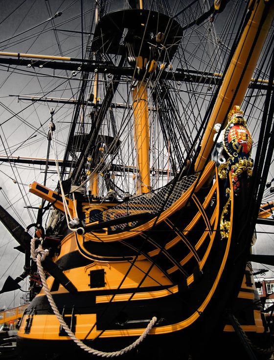 The bow and figurehead of HMS Victory surrounded by scaffolding