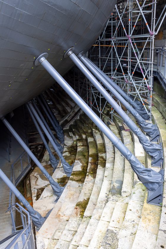 The underside of HMS Victory's hull in dry dock