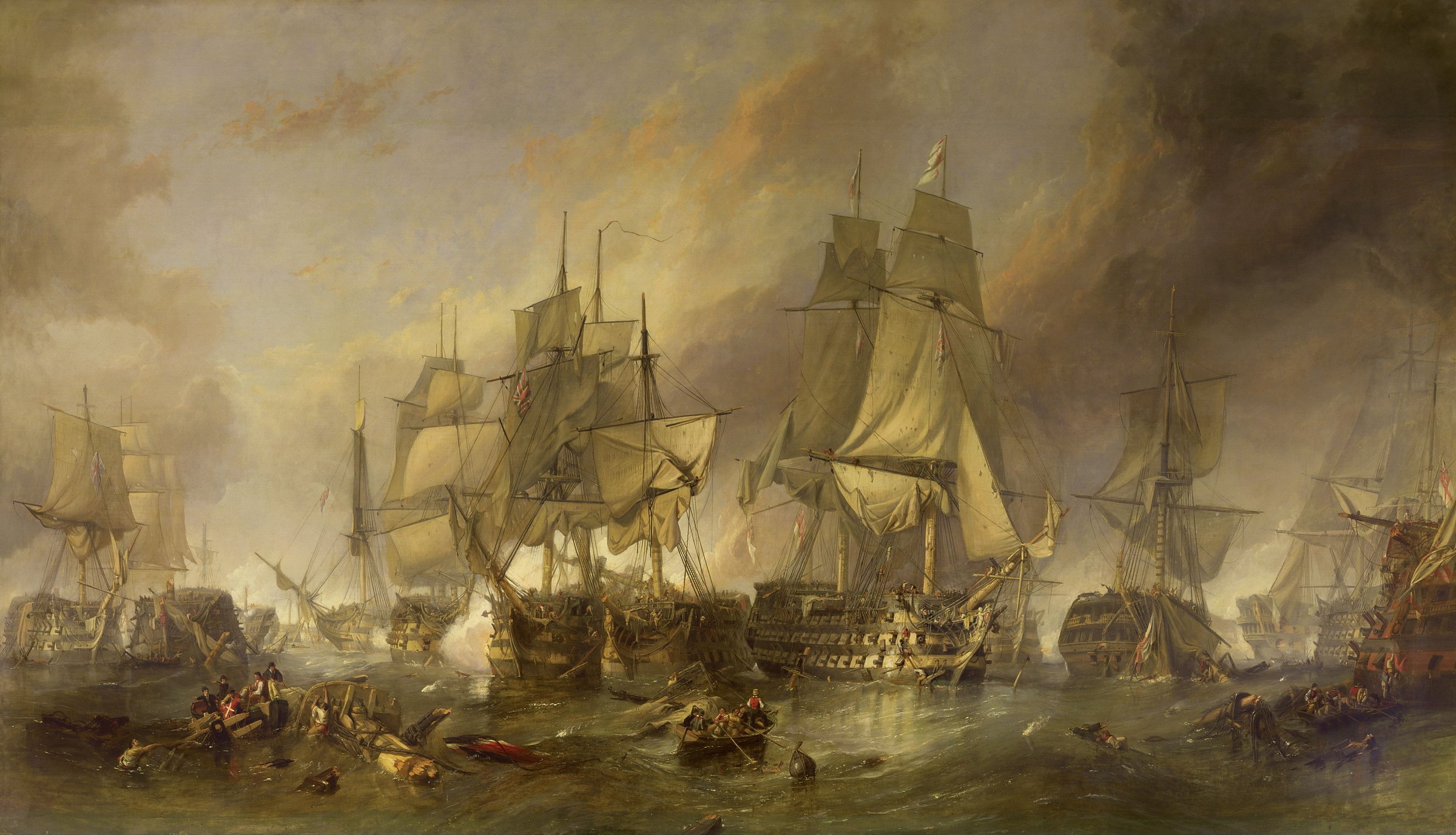 A historical painting of the Battle of Trafalgar